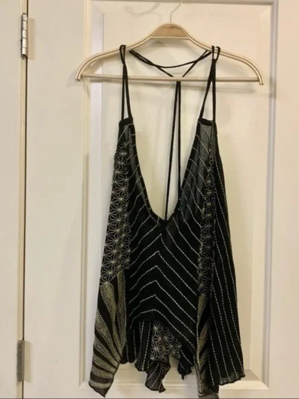 [RESERVED] FP Black Deep-V Neck Mesh Embroidered Strappy Back Layering Cami Top - Picture 7 of 16